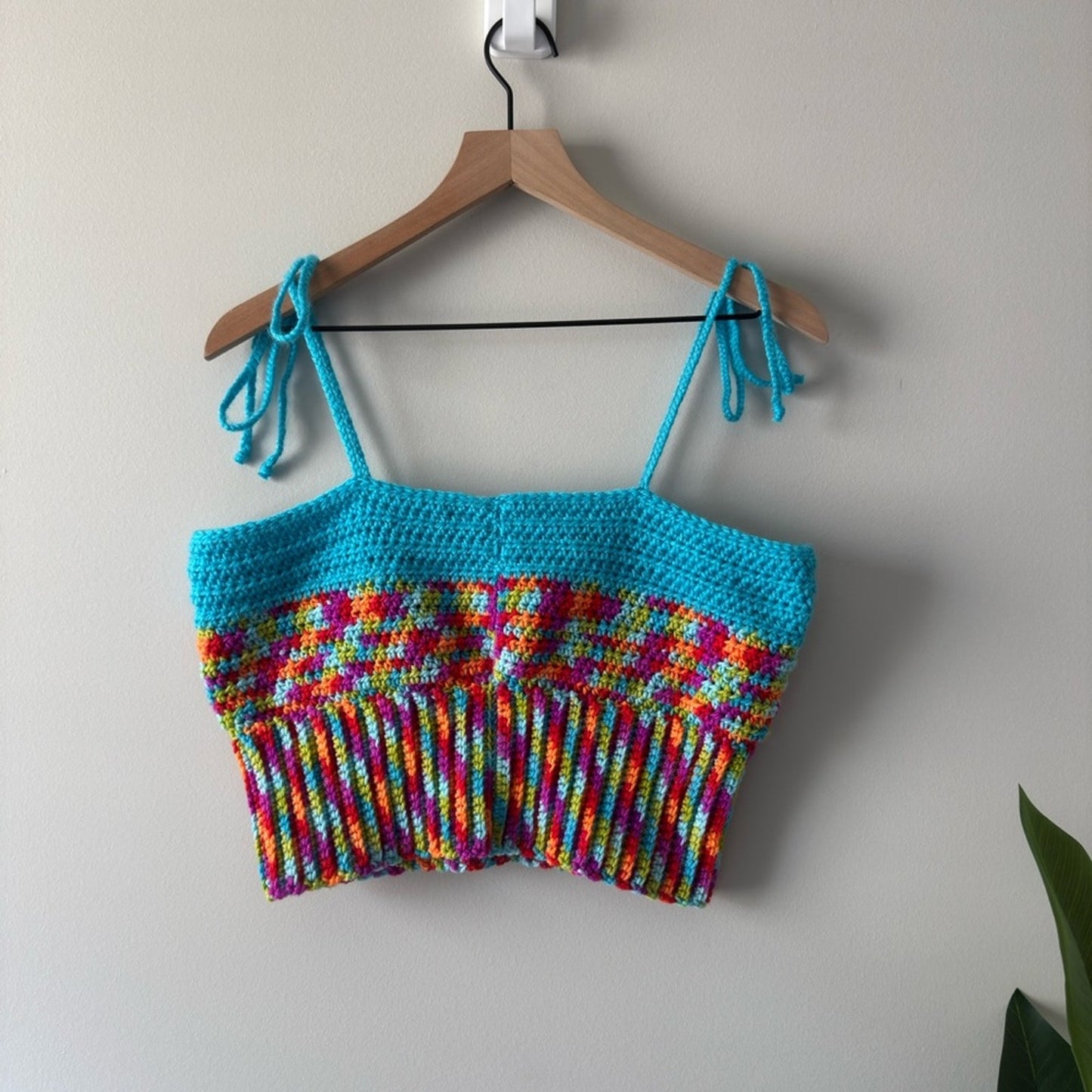 Handmade Crochet Adjustable Tie Strap Crop Top 100% Recycled Rainbow Tank Cami L