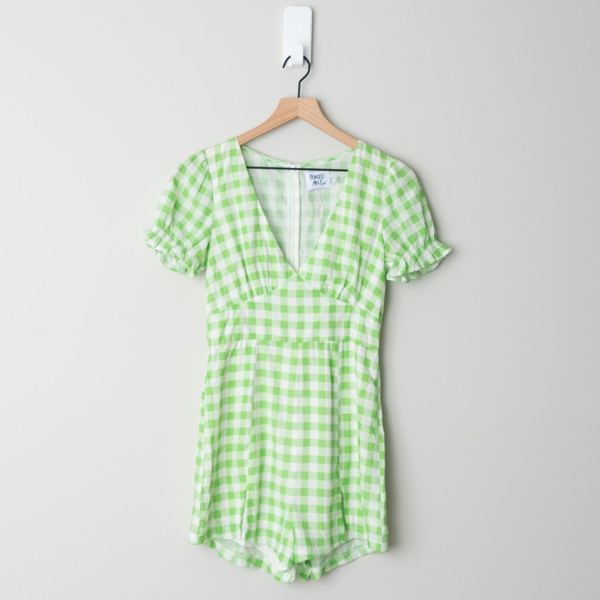 Princess Polly Gingham Shorts Romper Ruffle Short Sleeve Scoop V-Neck Zip Up 2