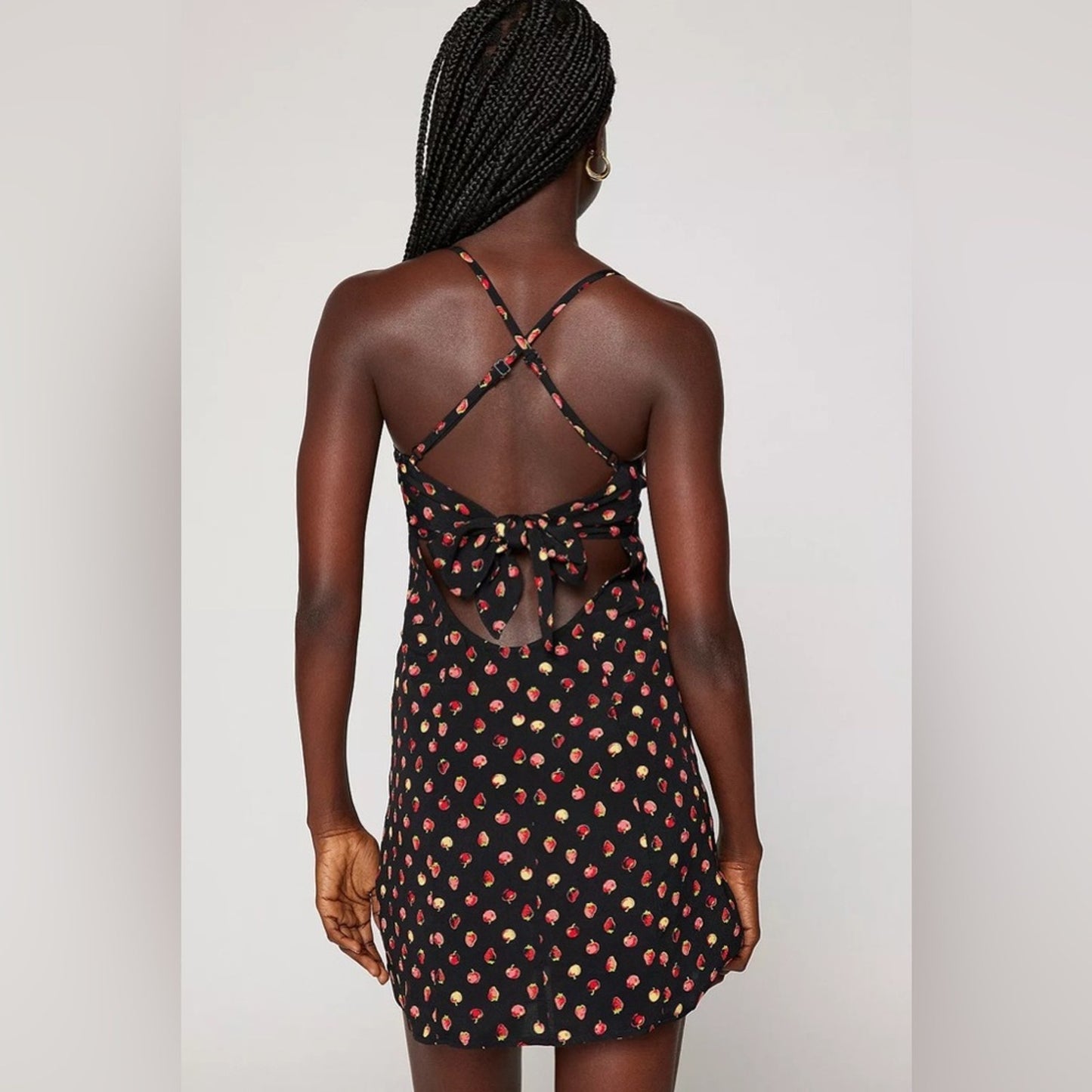 Kimchi Blue Urban Outfitters Fruit Print Black Red Strappy Dress Deep B-Neck EUC