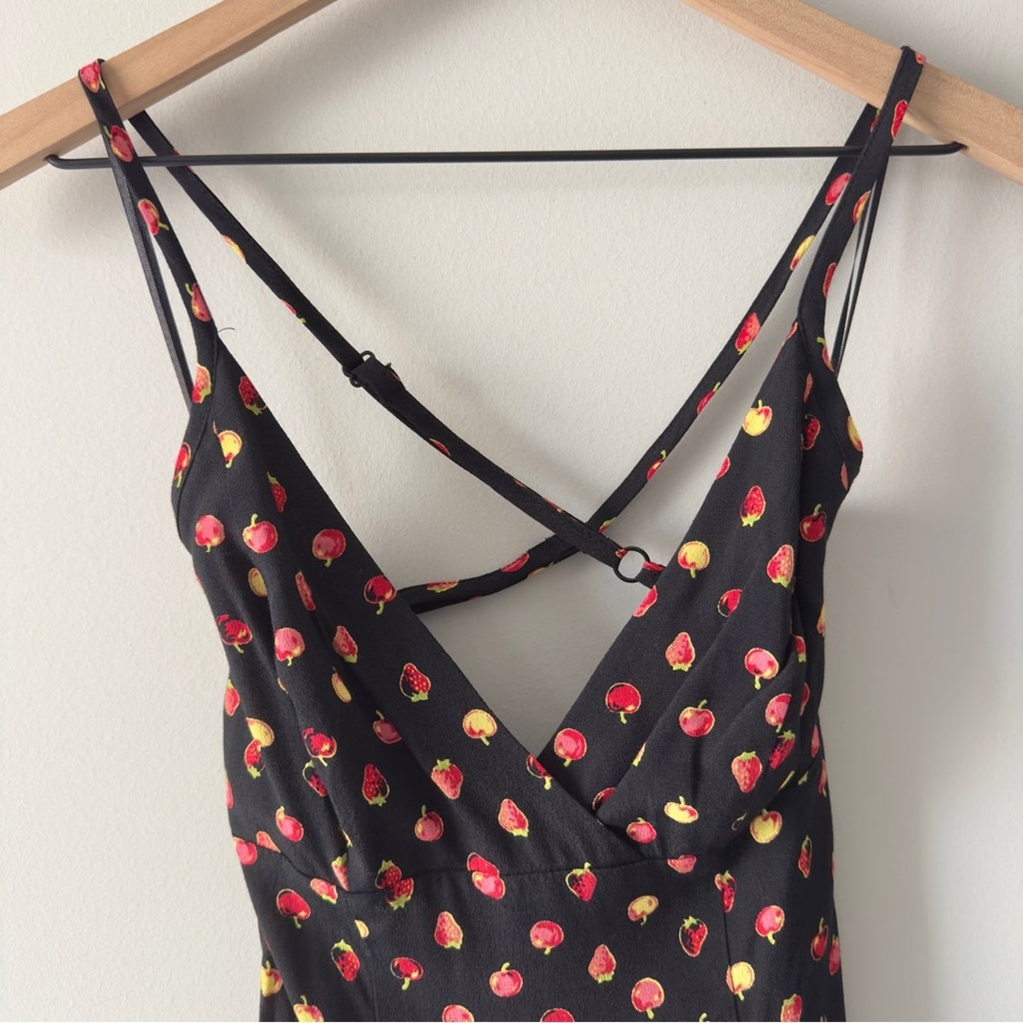 Kimchi Blue Urban Outfitters Fruit Print Black Red Strappy Dress Deep B-Neck EUC