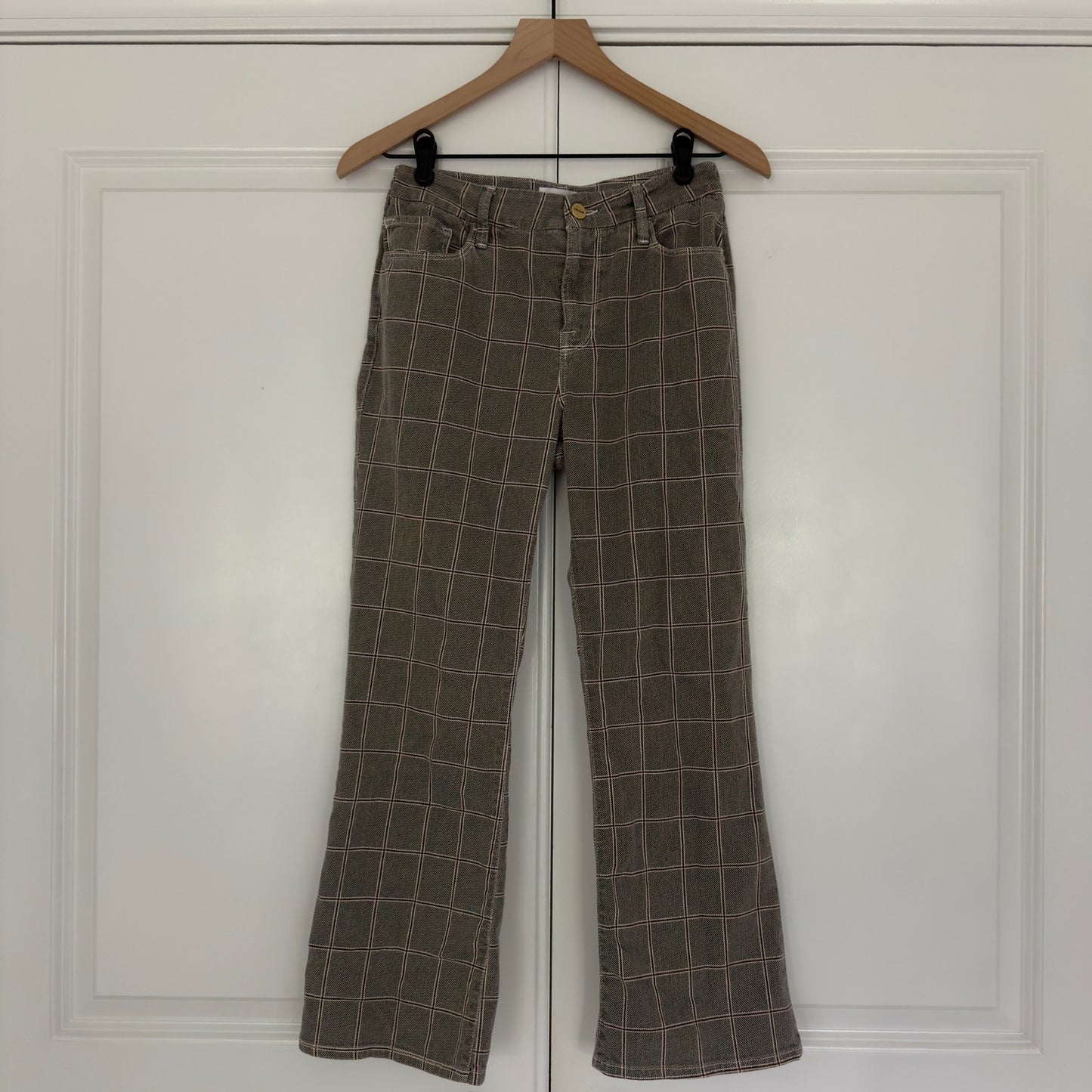 Frame Le Crop Mini Boot Pants plaid cotton blend pockets zipper button stretch