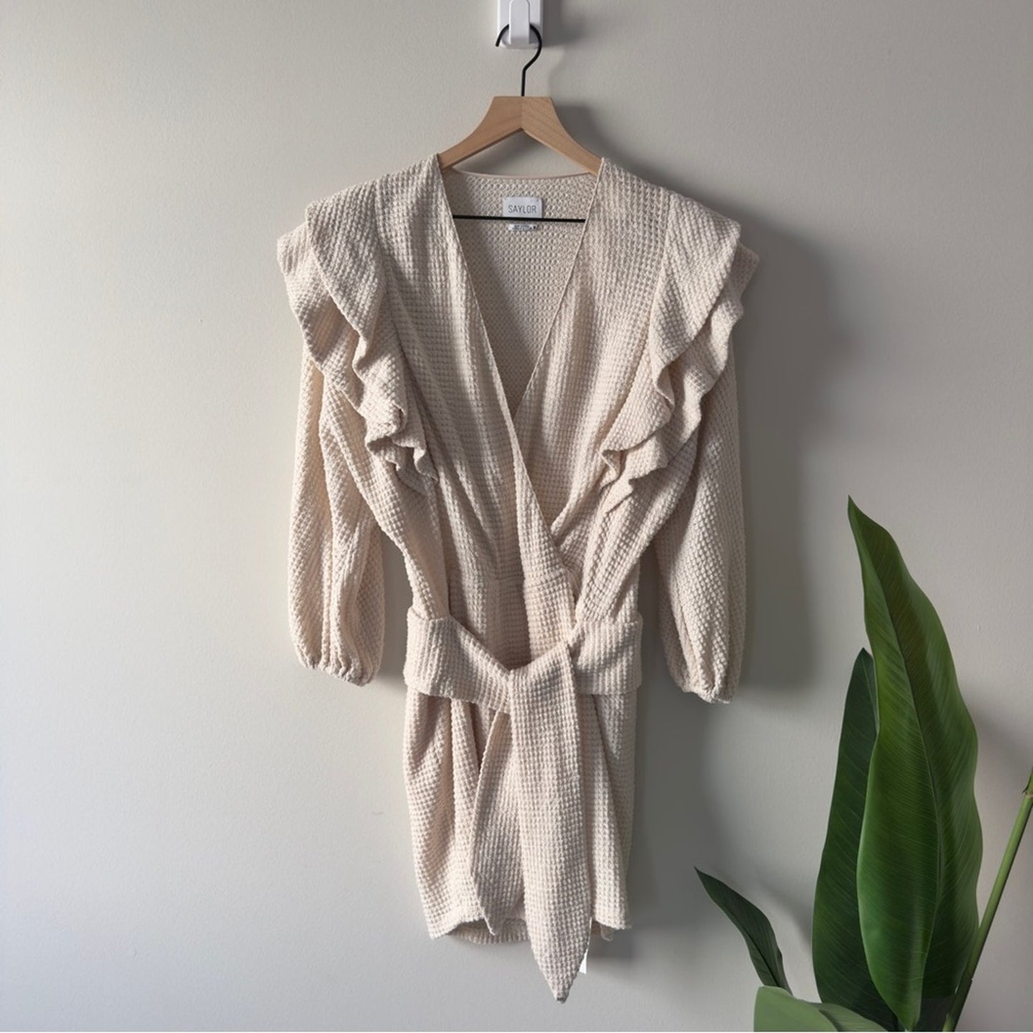 Saylor Long Sleeve Faux Wrap Dress V-neck Ruffle Mini Sweater Knit Stretch Lined