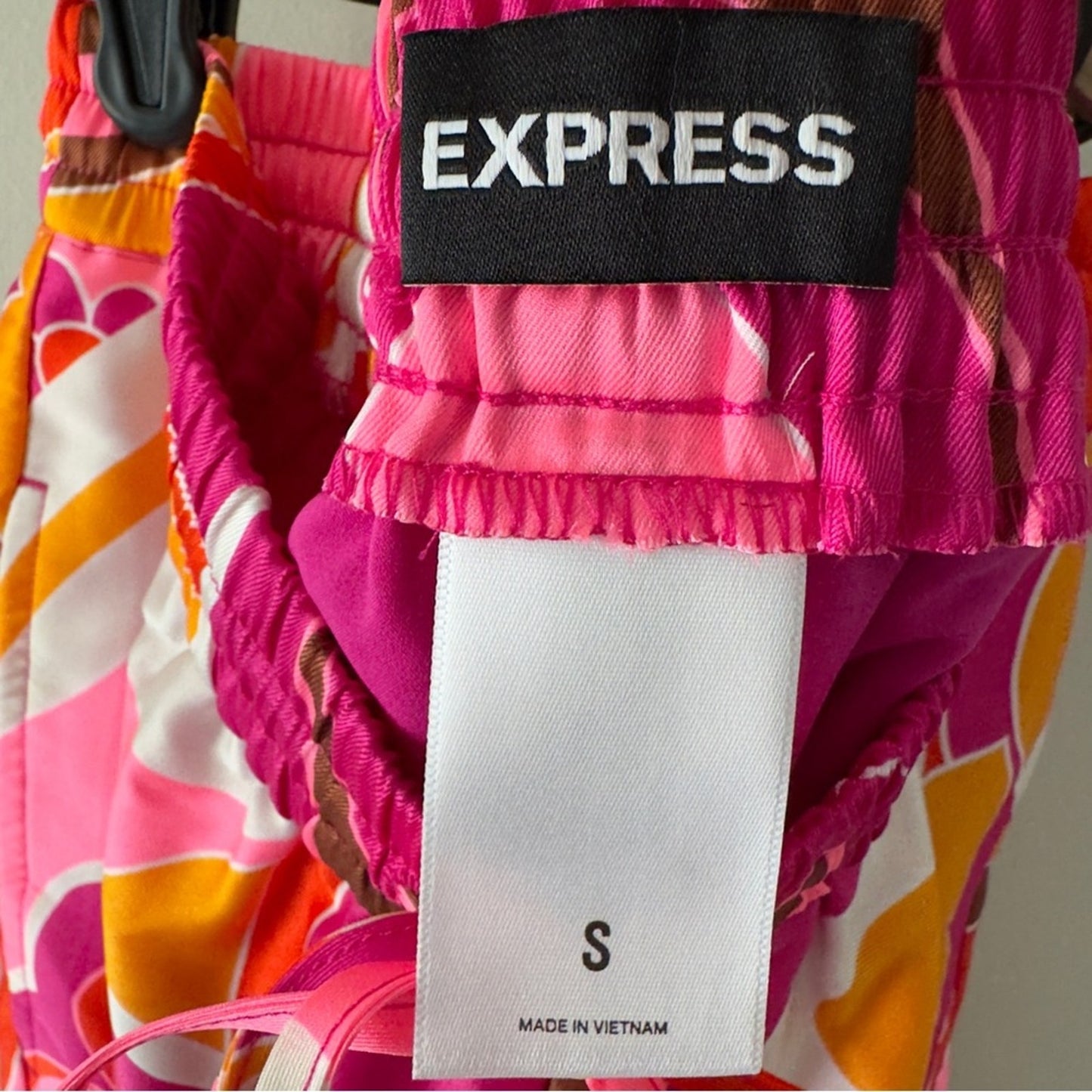 Express Pink and Orange Patterned Set Vibrant Button Down Top elastic tie shorts