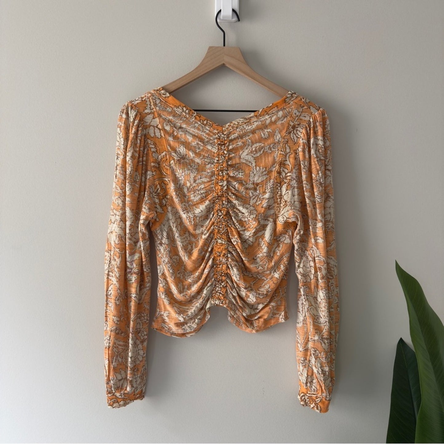 Free People Say the Word Top in Blood Orange Combo Floral Ruched long sleeve NWT
